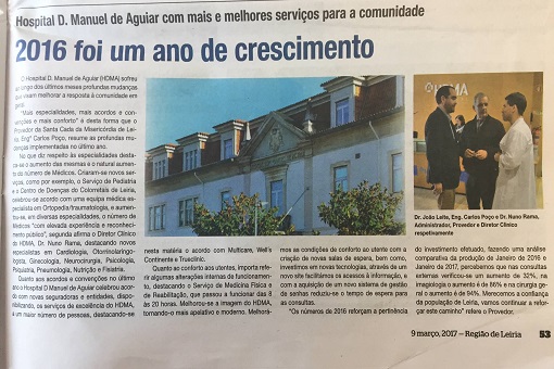 Jornal Região de Leiria destaca o crescimento a as melhorias efectuadas no Hospital D Manuel Aguiar na sua edição de 9 de Março.